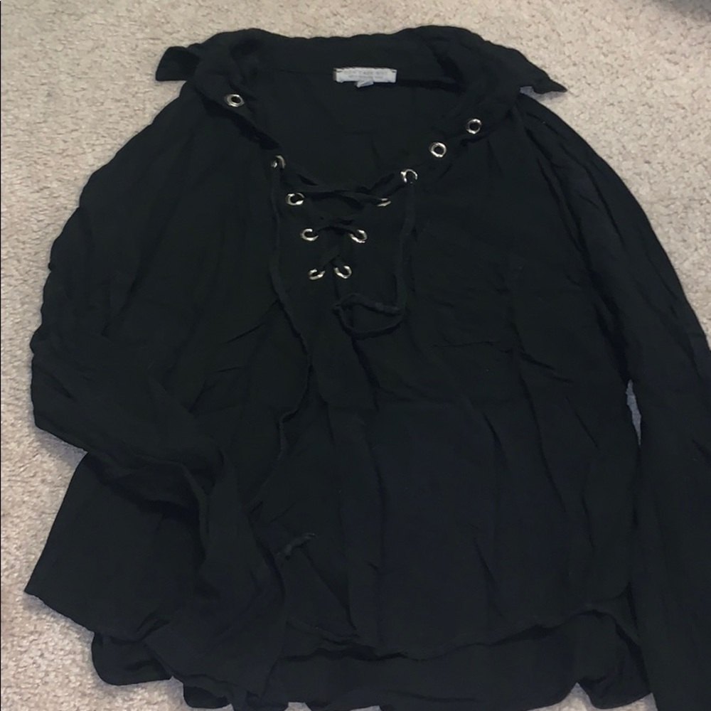 Black lace-up front blouse